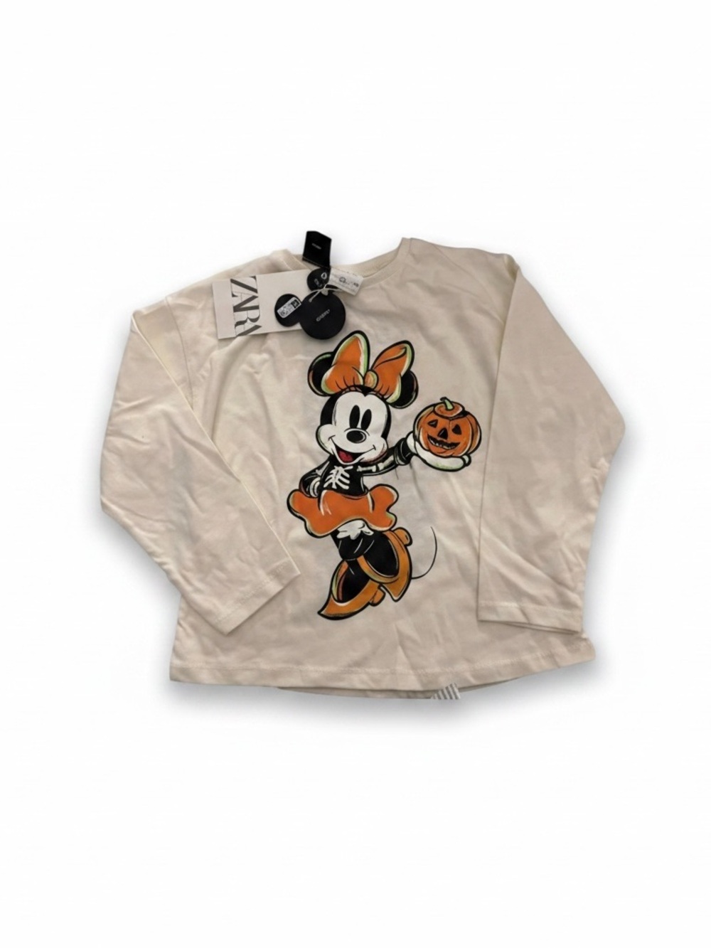 Zara Kids Cream Minnie Mouse Halloween Long Sleeve Tee with Orange Accents